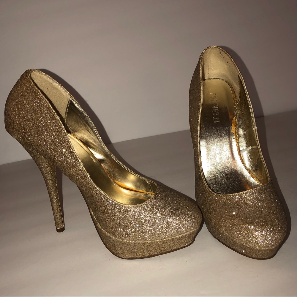 Forever 21 Gold Glitter Platform Stiletto Heels
